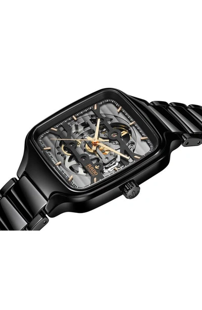 Shop Rado True Square Automatic Skeleton Bracelet Watch, 38mm In Black