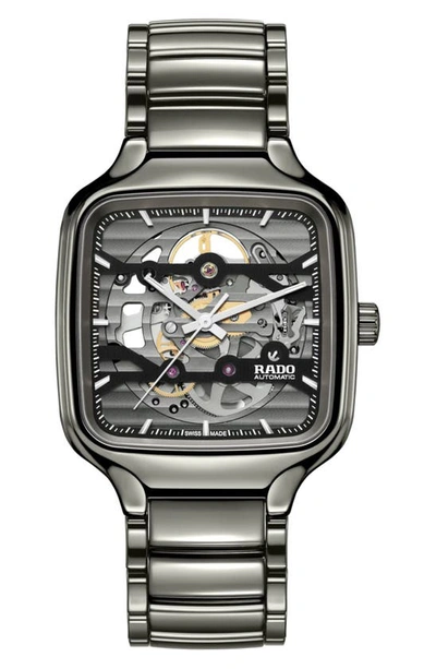 Shop Rado True Square Automatic Skeleton Bracelet Watch, 38mm In Gray