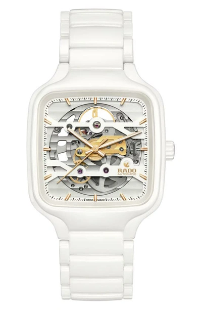Shop Rado True Square Skeleton Automatic Bracelet Watch, 38mm In White