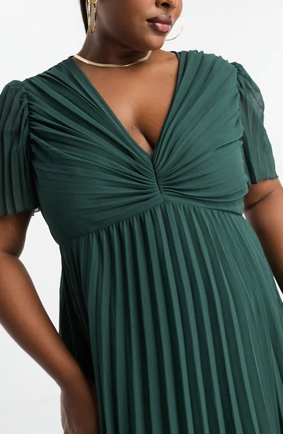 Shop Asos Design Curve Flutter Sleeve Pleated Dress In Dark Green