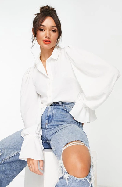 Shop Asos Design Volume Sleeve Button-up Shirt In Ivory