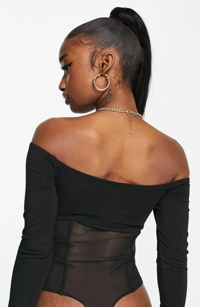 Shop Asos Design Corset Mesh Panel Off The Shoulder Bodysuit In Black