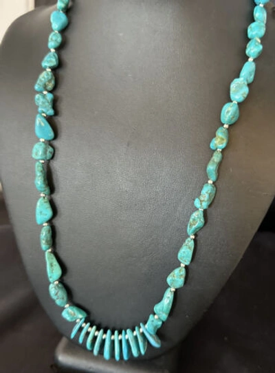 Pre-owned Handmade Blue Kingman Nugget Turquoise Navajo Sterling Silver Necklace 22” 15534