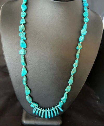 Pre-owned Handmade Blue Kingman Nugget Turquoise Navajo Sterling Silver Necklace 22” 15534
