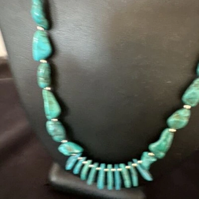 Pre-owned Handmade Blue Kingman Nugget Turquoise Navajo Sterling Silver Necklace 22” 15534