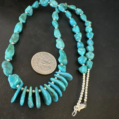 Pre-owned Handmade Blue Kingman Nugget Turquoise Navajo Sterling Silver Necklace 22” 15534
