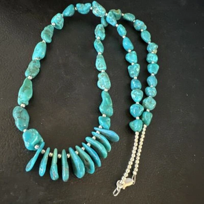 Pre-owned Handmade Blue Kingman Nugget Turquoise Navajo Sterling Silver Necklace 22” 15534