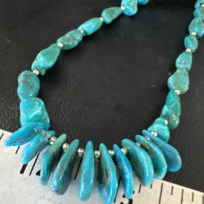 Pre-owned Handmade Blue Kingman Nugget Turquoise Navajo Sterling Silver Necklace 22” 15534