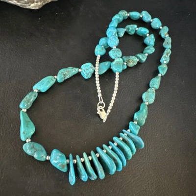 Pre-owned Handmade Blue Kingman Nugget Turquoise Navajo Sterling Silver Necklace 22” 15534