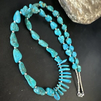 Pre-owned Handmade Blue Kingman Nugget Turquoise Navajo Sterling Silver Necklace 22” 15534