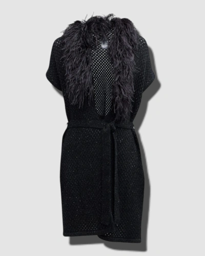 Pre-owned Neiman Marcus $795  Women's Black Cashmere Feather Shawl Mesh Vest Size Xl