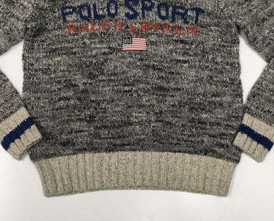 Pre-owned Polo Ralph Lauren Polo Sport Ralph Lauren American Flag Intarsia Shawl Collar Chunky Knit Sweater In Gray