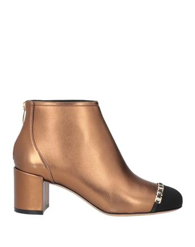 Shop Ferragamo Woman Ankle Boots Bronze Size 9.5 Calfskin, Textile Fibers In Yellow