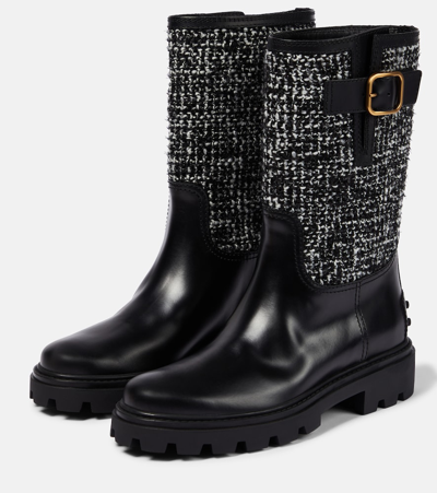 Shop Tod's Leather And Tweed Boots In Black