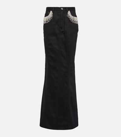 Shop Rotate Birger Christensen Crystal-embellished Denim Maxi Skirt In Black