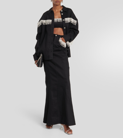 Shop Rotate Birger Christensen Crystal-embellished Denim Maxi Skirt In Black