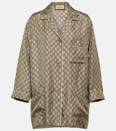 Shop Gucci Gg Supreme Oversized Silk Shirt In Brown
