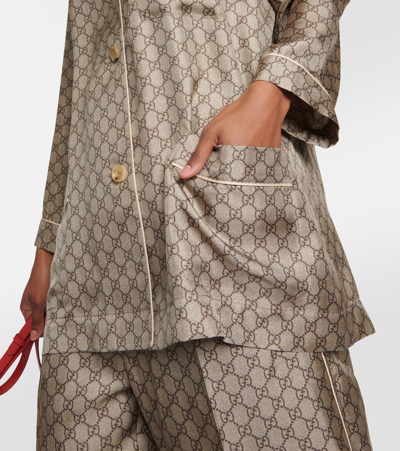 Gucci Gg Supreme Oversized Silk Shirt In Brown