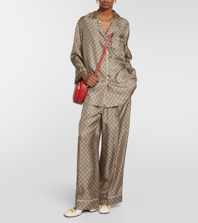 Gucci Gg Supreme Oversized Silk Shirt In Brown