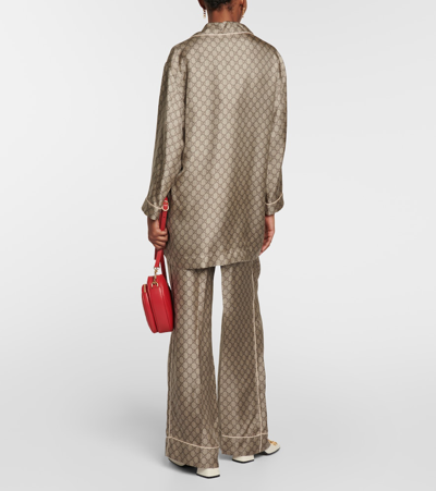 Gucci Gg Supreme Oversized Silk Shirt In Brown