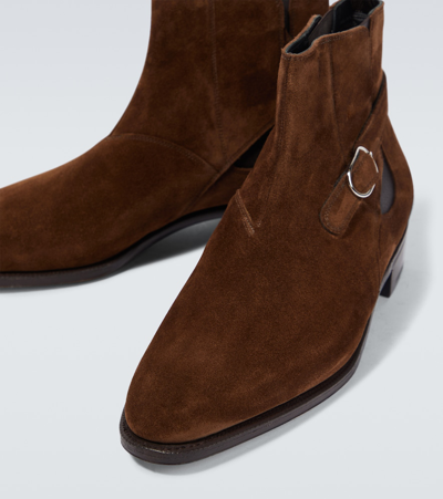 John Lobb Masons Buckled Suede Chelsea Boots In Brown