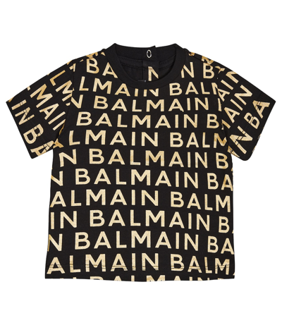 Shop Balmain Baby Logo Printed Cotton T-shirt In Gold