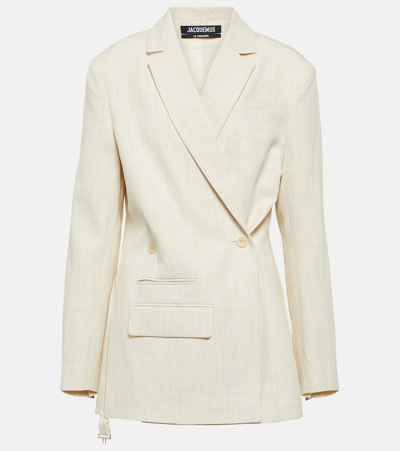 Jacquemus Tibau Embellished Fringed Macramé-trimmed Linen-blend Blazer In White
