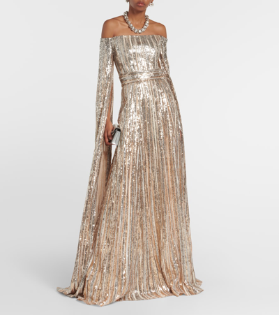 Shop Elie Saab Embellished Off-shoulder Gown In Metallic