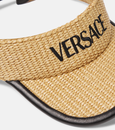 Shop Versace Logo Leather-trimmed Visor In Beige