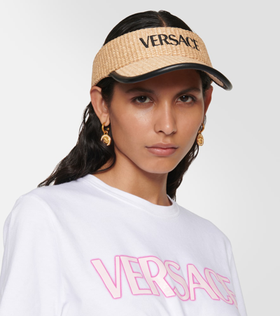 Shop Versace Logo Leather-trimmed Visor In Beige