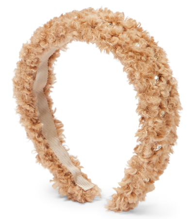 Shop Monnalisa Crystal-embellished Faux Fur Headband In Beige