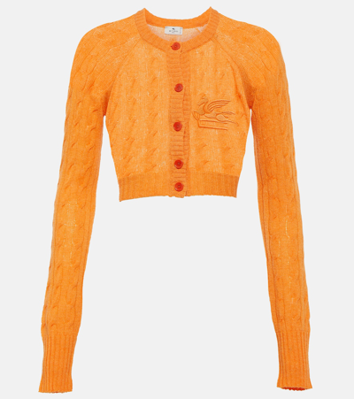 Shop Etro Pegaso Cable-knit Cashmere Cardigan In Orange