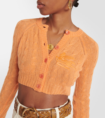 Shop Etro Pegaso Cable-knit Cashmere Cardigan In Orange