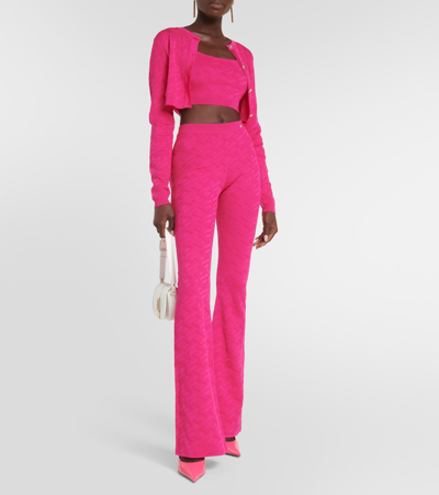 Shop Versace La Greca Jacquard Cardigan In Pink