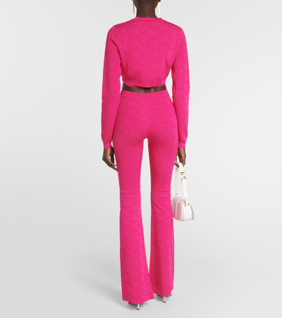 Shop Versace La Greca Jacquard Cardigan In Pink