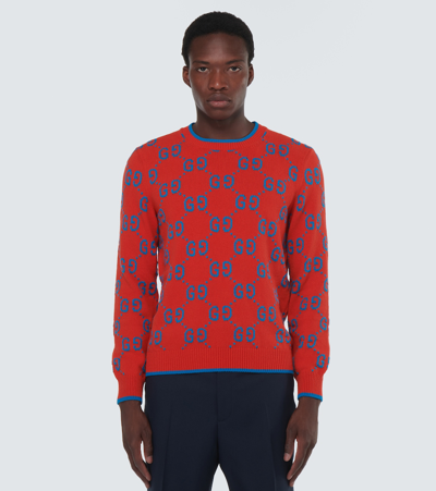 Shop Gucci Gg Intarsia Cotton-blend Sweater In Red