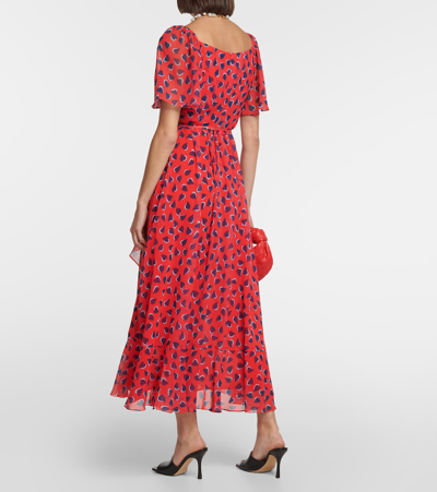 Carolina Herrera Heart-print Flutter-sleeve Wrap Midi Dress With Ruffle Hem In Red