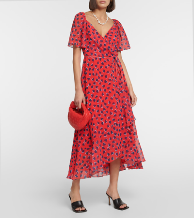 Carolina Herrera Heart-print Flutter-sleeve Wrap Midi Dress With Ruffle Hem In Red