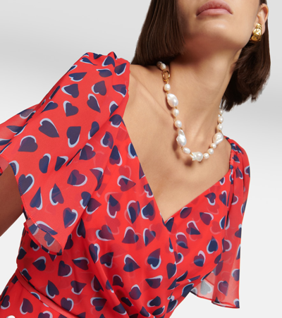 Carolina Herrera Heart-print Flutter-sleeve Wrap Midi Dress With Ruffle Hem In Red