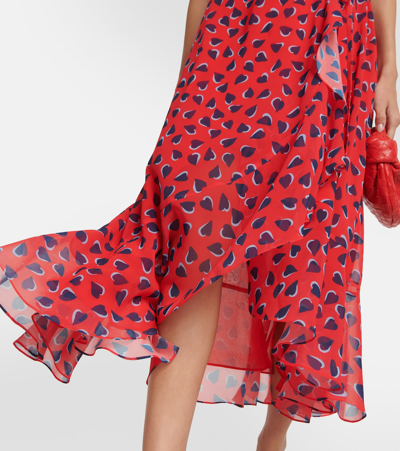 Carolina Herrera Heart-print Flutter-sleeve Wrap Midi Dress With Ruffle Hem In Red