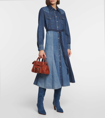 Shop Chloé Paneled Denim Midi Dress In Blue