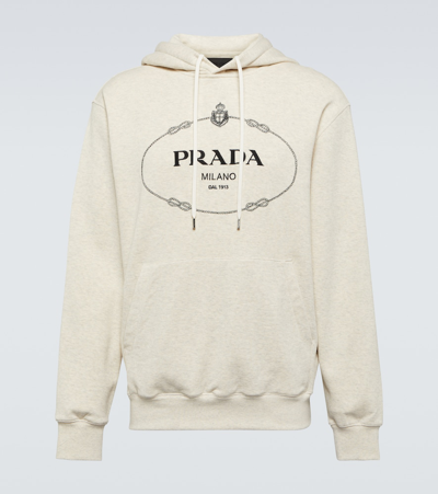 Prada Logo Cotton Hoodie In Beige