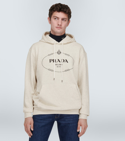 Prada Logo Cotton Hoodie In Beige