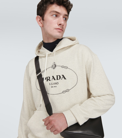 Prada Logo Cotton Hoodie In Beige