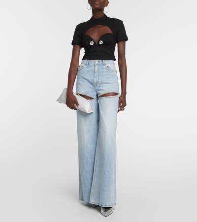 Area Crystal-embellished Cutout High-rise Wide-leg Jeans In Light Blue