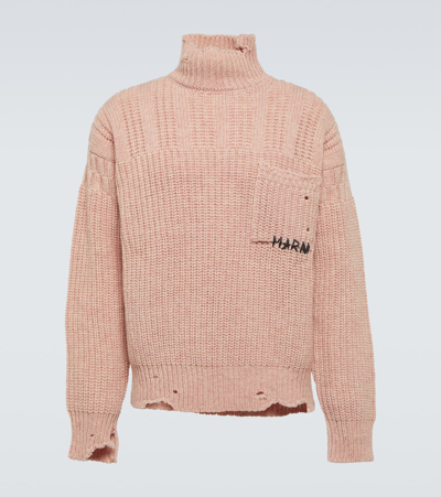 Shop Marni Distressed Virgin Wool Turtleneck Sweater In Pink