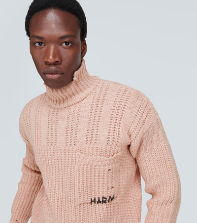 Shop Marni Distressed Virgin Wool Turtleneck Sweater In Pink