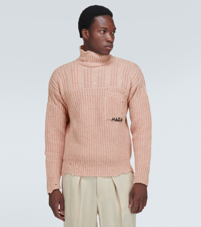 Shop Marni Distressed Virgin Wool Turtleneck Sweater In Pink