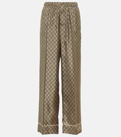 Gucci Gg Supreme Silk Pant In Brown