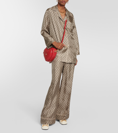 Shop Gucci Gg Supreme Wide-leg Silk Pants In Brown